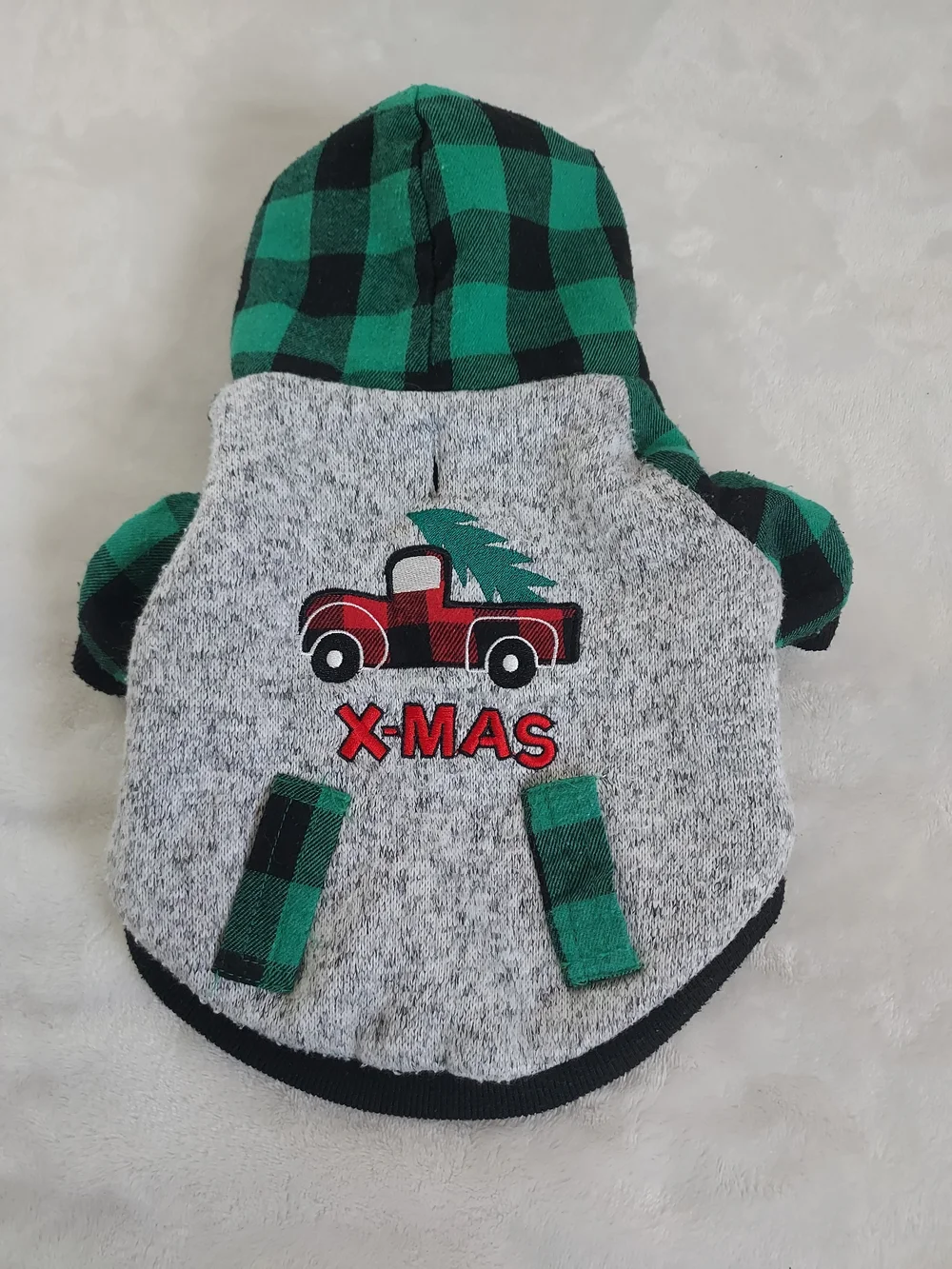 Holiday Sherpa Plaid Truck Dog Hoodie Jacket Green/Black Christmas Small